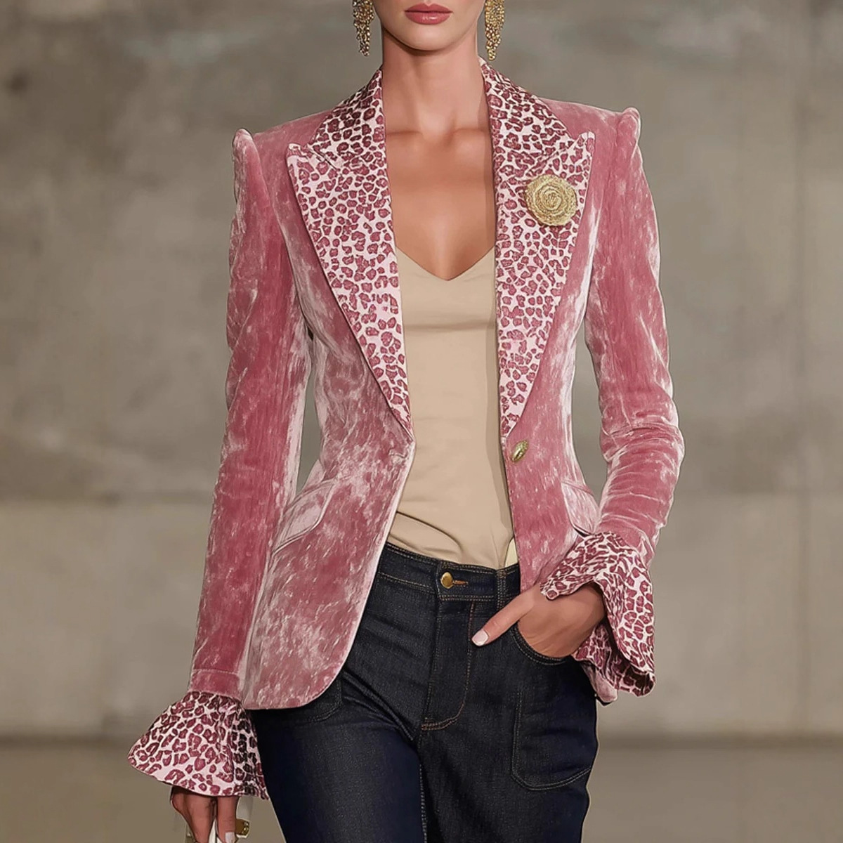 Velvet Blazer Women - Femmes velours Blazer imprimé léopard revers