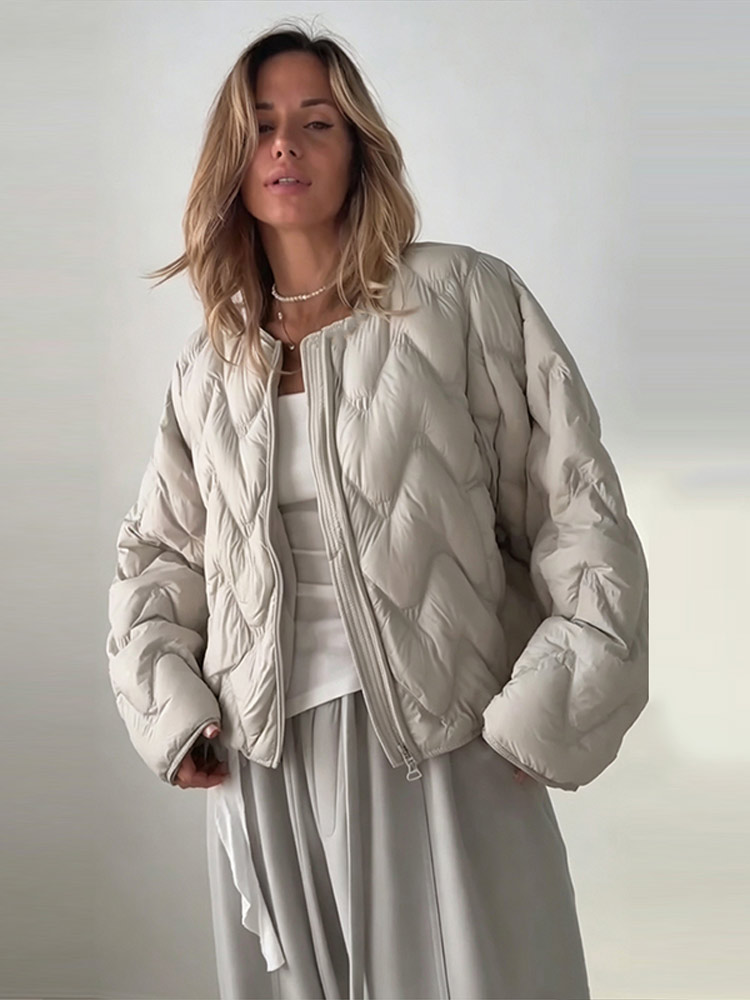 Women'S Fashion Quilted Jacket - Veste matelassée à col rond zippée,