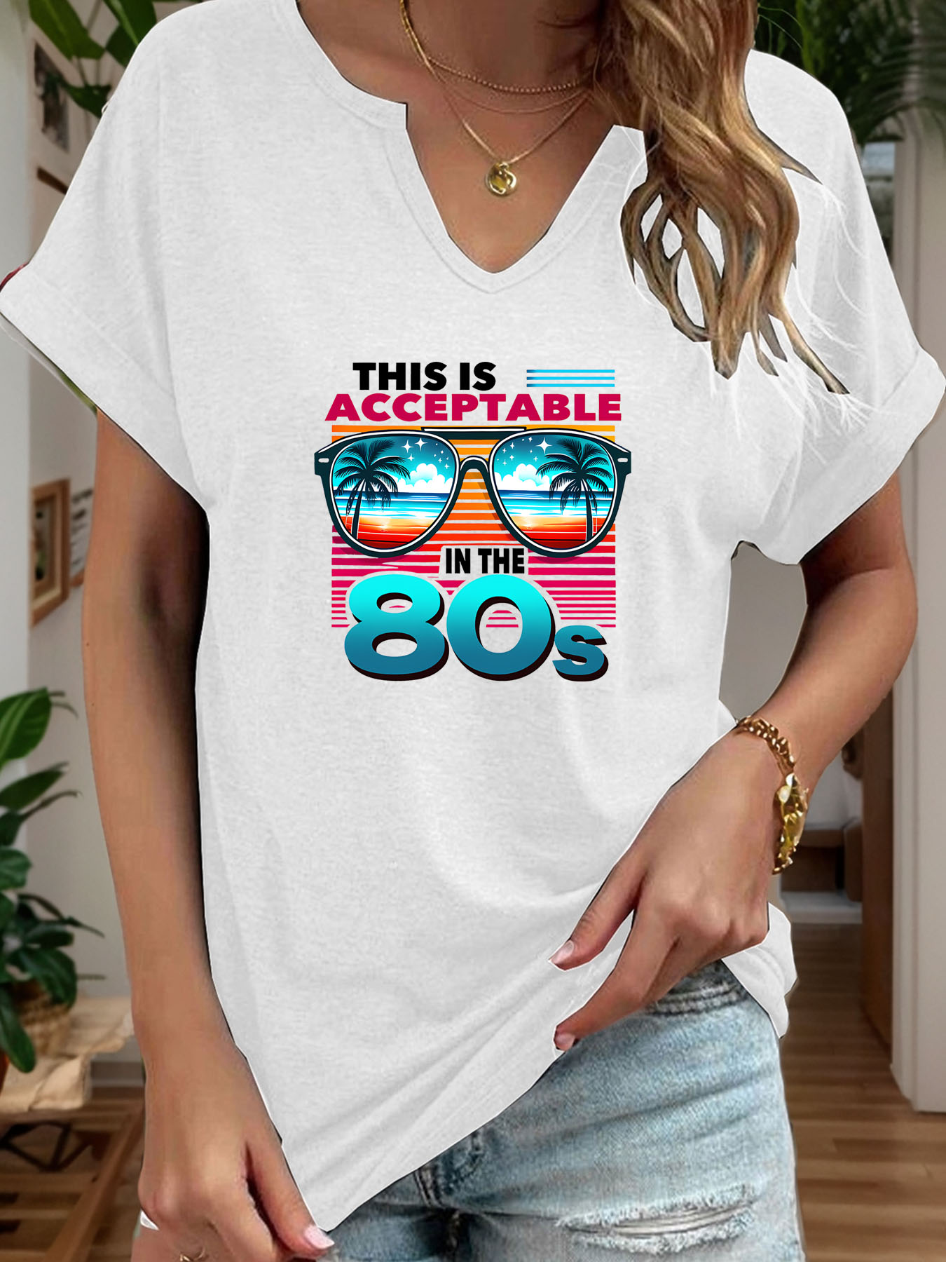 T-shirt imprimé avec lunettes  - Women Fashion 80S avis et prix