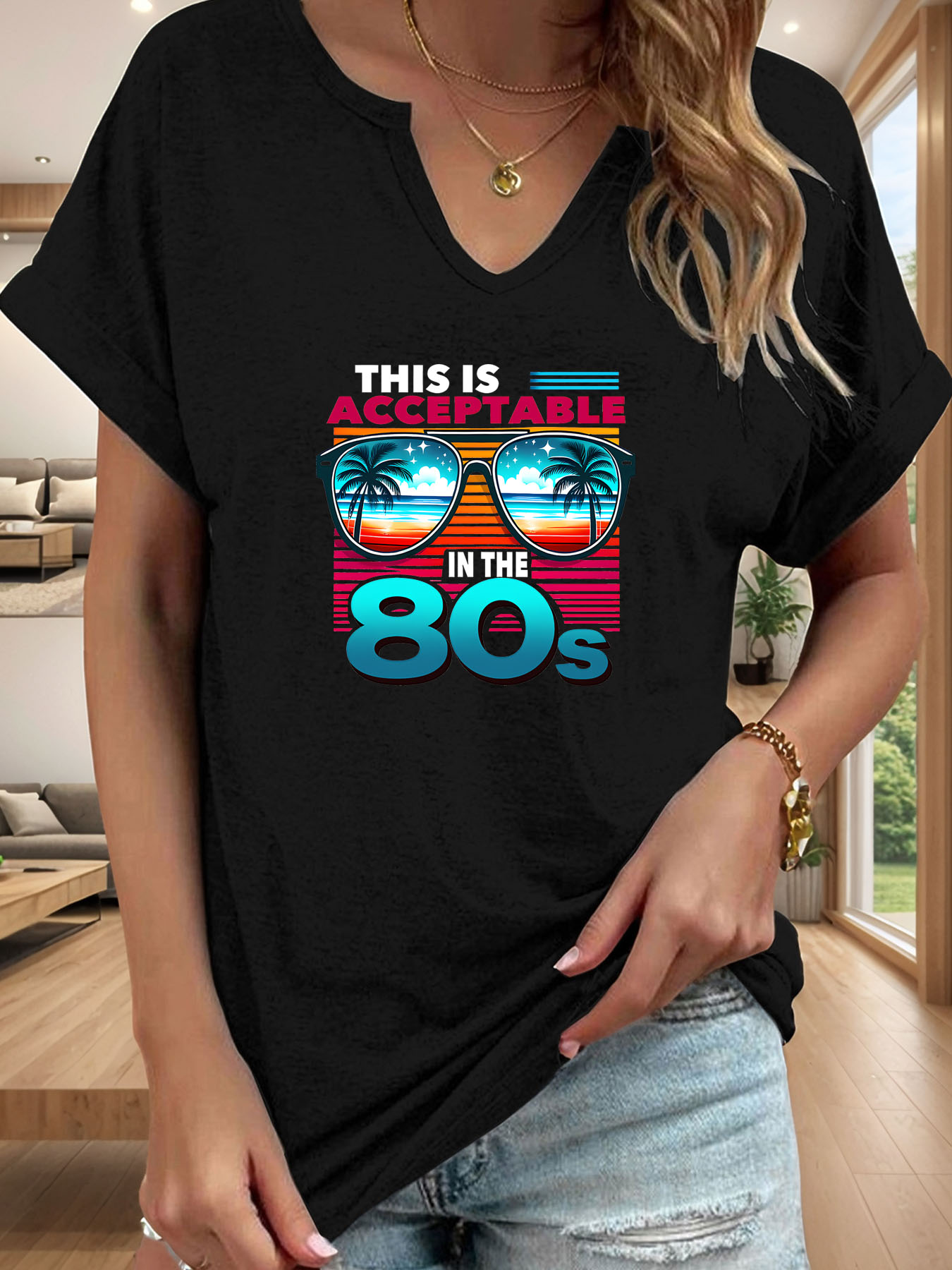 T-shirt imprimé avec lunettes  - Women Fashion 80S avis et prix